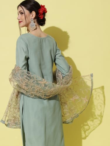 Image of VredeVogel Women Cotton Slub Straight Kurta Set With Pant and Net Embroidery Dupatta