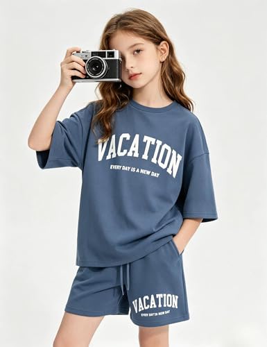 Image of Size 6-12 Years Girl's Tracksuit Sets 2 Piece Outfits Letter Print Vacation Tee Top and Drawstring Waist Shorts