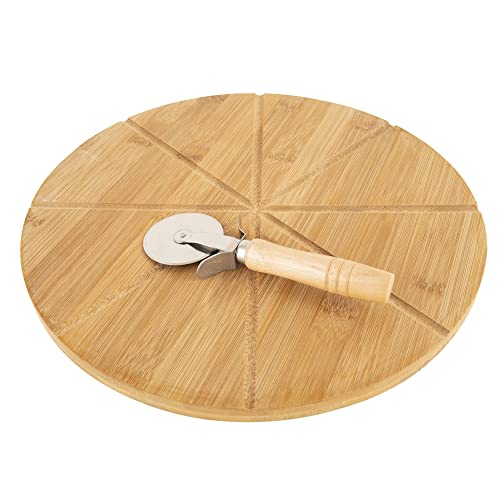 E&W Round Bamboo Pizza Cutting Board with Pizza Cutter, 33cm