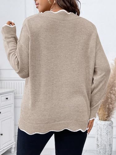 Image of MAKEMECHIC Women's Plus Size Long Sleeve Sweaters Scalloped V Neck Knit Cozy Sweater Pullover