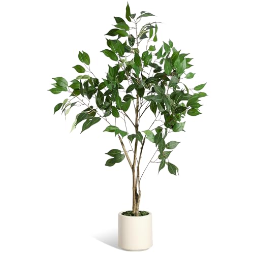 GarveeHome 4FT Ficus Trees Artificial Indoor, Faux Silk Plant with Natural Wood Trunk and Lifelike...