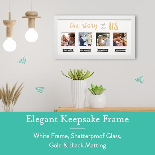 Image of Kate & Milo The Story of Us Wedding Collage Picture Frame, Love Story Photo Display with 4 Sections, Engagement & Bridal Shower Keepsake, Wall-Mount Frame, White