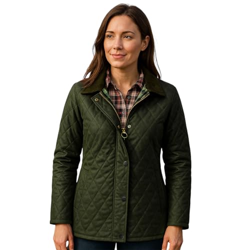 Game Technical Apparel Women’s Wax Quilted Jacket – Argyle Diamond Padded Coat, Corduroy Collar, Heritage Lining, Made in UK Olive Medium