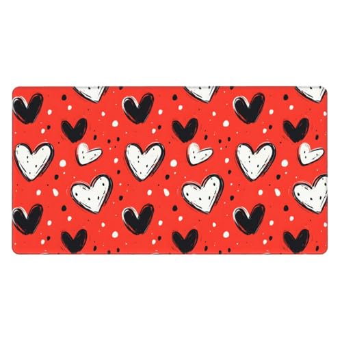 Grand tapis de souris de jeu noir et blanc à motif cœur avec base en caoutchouc antidérapante