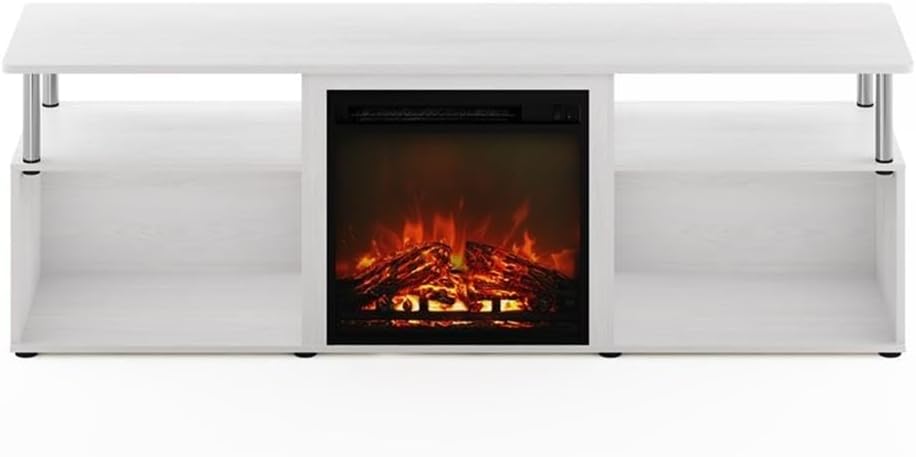 Pemberly Row Open Storage Fireplace Entertainment White Oak/Stainless Steel