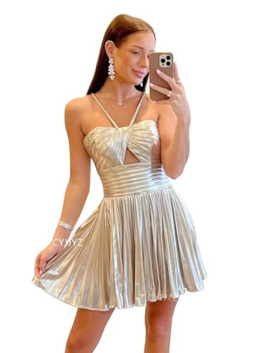 Sparkly Homecoming Dresses for Teens 2025 Metallic Satin Pleated Short Prom Dress A Line Cocktail Party Gowns