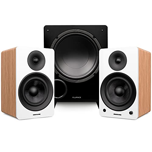Image of Fluance Ai61 Powered 6.5" Stereo Bookshelf Speakers (Lucky Bamboo), DB10 10" Low Frequency Ported Front Firing Powered Subwoofer (Black Ash), 15 ft RCA Ultimate Performance Collection Subwoofer Cable