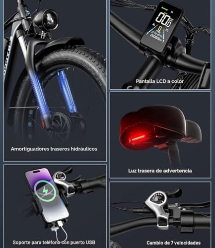 Miniatura 6 de Pudari Eb7pro - Bicicleta Eléctrica Para Adultos Con Motor Dual De 52 V 23 Ah, Batería De Iones De Litio, Frenos De Disco Hidráulicos De 26 Pulgadas, Neumático Grueso, Bicicleta De Montaña Eléctrica