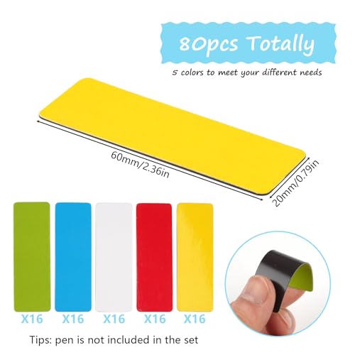 80 Stück Magnetstreifen Beschreibbar, 60x20mm Magnetschilder zum Beschriften, Abwischbare Magnete Beschreibbar, 5 Farben Beschreibbare Magnetetiketten für Whiteboard, Magnettafel, Kühlschrank