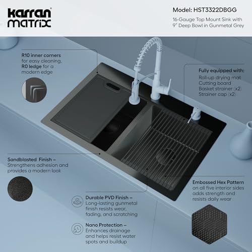 Image of Karran Matrix 33 inch Top Mount Workstation Kitchen Sink, Double Bowl, 16 Gauge Stainless Steel, Gunmetal Grey, Includes Cutting Board, Drying Mat & Basket Strainers