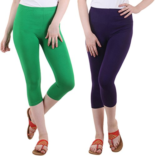 Image of DIAZ Women Cotton Stretchable Capri | Slim /Regular Fit | Breathable Yoga, Gym & Lounge Wear | High-Waist Stretchable 3 /4 Length Leggings with Wide Waistband - Pack of 2