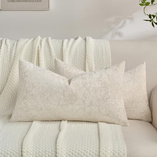 FUTEI Pack of 2 Solid Flannel Throw Pillow Covers 12x20 Inch Soft Crushed Textured Neutral Decorative Lumbar Pillowcases Vintage Farmhouse Accent for Couch Living Room, Cream by FUTEI - Used condition - US$18.42