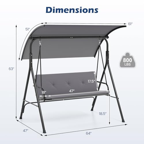 Image of Tangkula 2 Person Porch Swing, Outdoor Swing with Removable Cushions, Solid Metal Structure, Patio Swing with Adjustable Canopy for Garden, Backyard, Balcony, Poolside