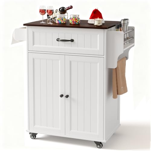 Gizoon Kitchen Island Cart with Adjustable Shelf, 33' W White Mobile Trolley...