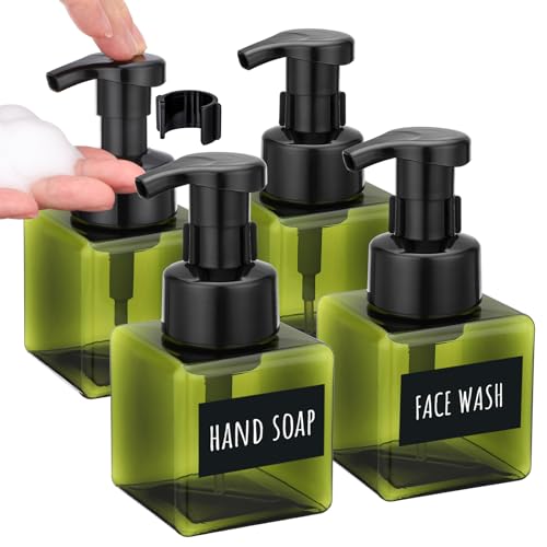 Image of Segbeauty 8.5oz Plastic Refillable Foam Soap Dispenser, 4pcs Empty Body Wash Hand Soap Pump Bottle Dispensers with Labels, 250ml Small Green Shampoo Bottles with Foam Dispenser Pump Liquid Container