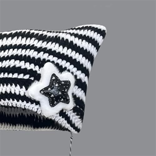 BMDOZRL Bonnet Chapeau tricoté en Laine avec Oreilles de Chat Mignonnes et étoile à Cinq Branches, Style sous-culturel, Pull Chaud rayé, Chapeau en Laine tricoté, Chapeau en Boule de Laine(Schwarz) – vue 8