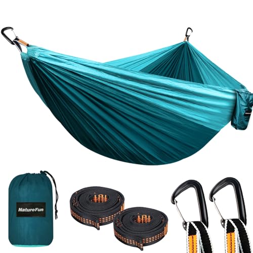 NATUREFUN Hamaca Ultraligera para Camping (300x200 cm) 300 kg de Capacidad de Carga,Estilo Paracaídas de Nylon,Transpirable y de Secado Rápido,2 Mosquetones Premium, 2 Eslingas de Nylon Incluidas
