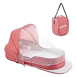 Baby Travel Bassinet Portable Bassinets, Foldable Carry Bag Bassinet Travel Crib, Lightweight Baby Lounger Pod Infant Bed with 2-1 Mosquito & Canopy (Pink)