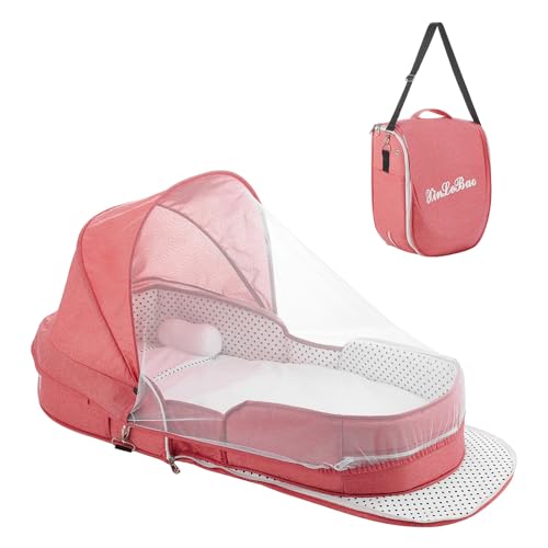 Image of Tuyedoqe Baby Travel Bassinet Portable Bassinets, Foldable Converts to Backpack for Travel, Lightweight Travel Baby Lounger with 2-1 Mosquito & Canopy (Pink)