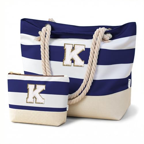 Image of Vavabox Initial Beach Tote Bag for Women, Water-resistant Travel Beach Bag Pool Bag Set, Birthday Gifts for Women Mom