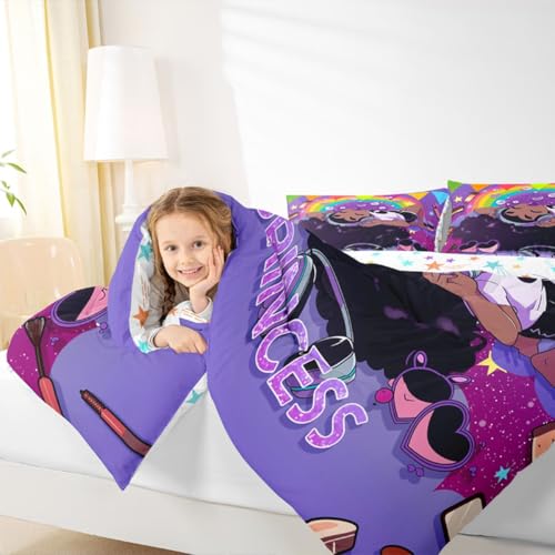 Image of Erosebridal Black Girls Comforter Set Magical African American Queen Bedding Set Rainbow Afro Pretty Girls Comforter Love Music Purple Girl Duvet Insert for Teens Kids Princess Cute Room Decor