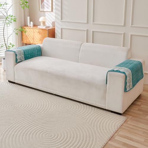 Image of HOKIPO 'BelleLace Series' Imperial Milk Velvet Anti-Slip Sofa Armrest Covers with Lace | 1 Pair - Teal (AR-5961-TEAL*2)