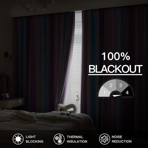 Image of XiDi 100% Blackout Curtains with Sheer Overlay 84 Inches Long 2 Panels for Girls Bedroom Living Room Rainbow Pink Purple Blue Double Layer Curtains for Kids Nursery Unicorn Princess Grommet W52 x L84
