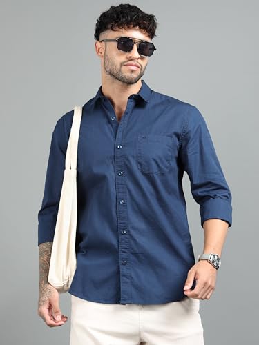 Image of Men Slim Fit Solid Spread Collar Casual Shirt