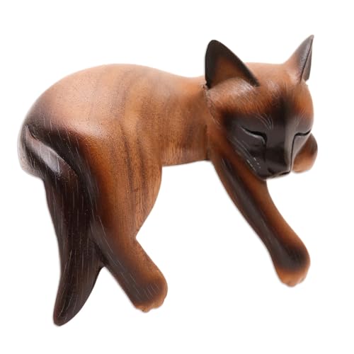 Estatuilla artesanal de madera gato siamés durmiendo miniatura 2