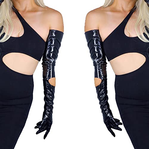 DooWay Fashion Long Leather Gloves Women Cut-Out Design Faux Patent PU Wet Look Shine Black 28"
