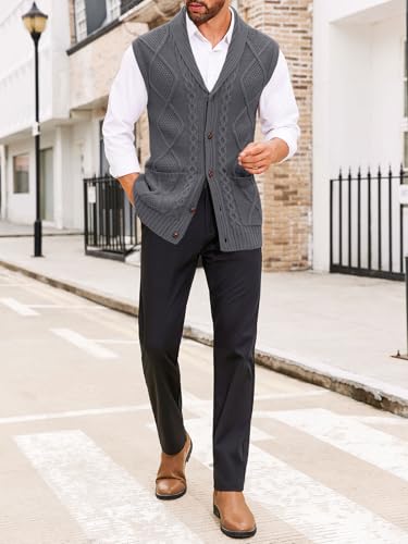 Runcati Mens Cable Knit Sweater Vest Shawl Collar Casual Slim Fit Sleeveless Button Down Cardigan Vest with Pockets4
