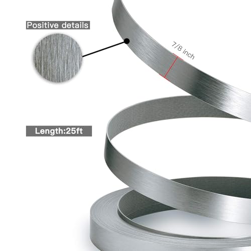 Image of PVC Edge Banding, 7 /8 inch x 25ft Non Glued Flexible Durable Real Brushed Aluminum Grey Silver Veneer Edge Trim for DIY Table Cabinet Furniture Decorative Trim