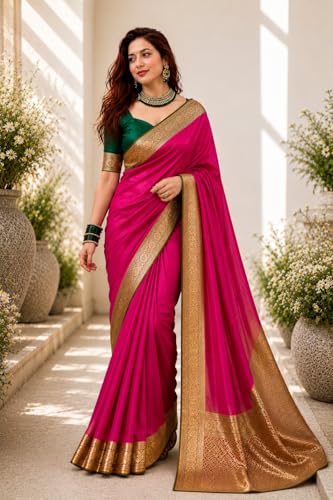 Image of Women's Glory Satin Silk Saree Plain Soft Shiny Elegant Party Traditional Ethnic