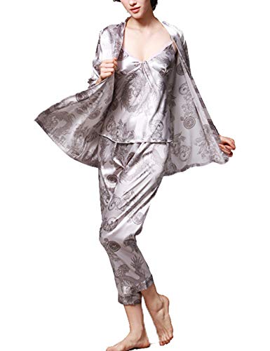 Romanstii Silky Satin Pajamas Sleepwear Set Elegance Graphic Print Loungewear Grey