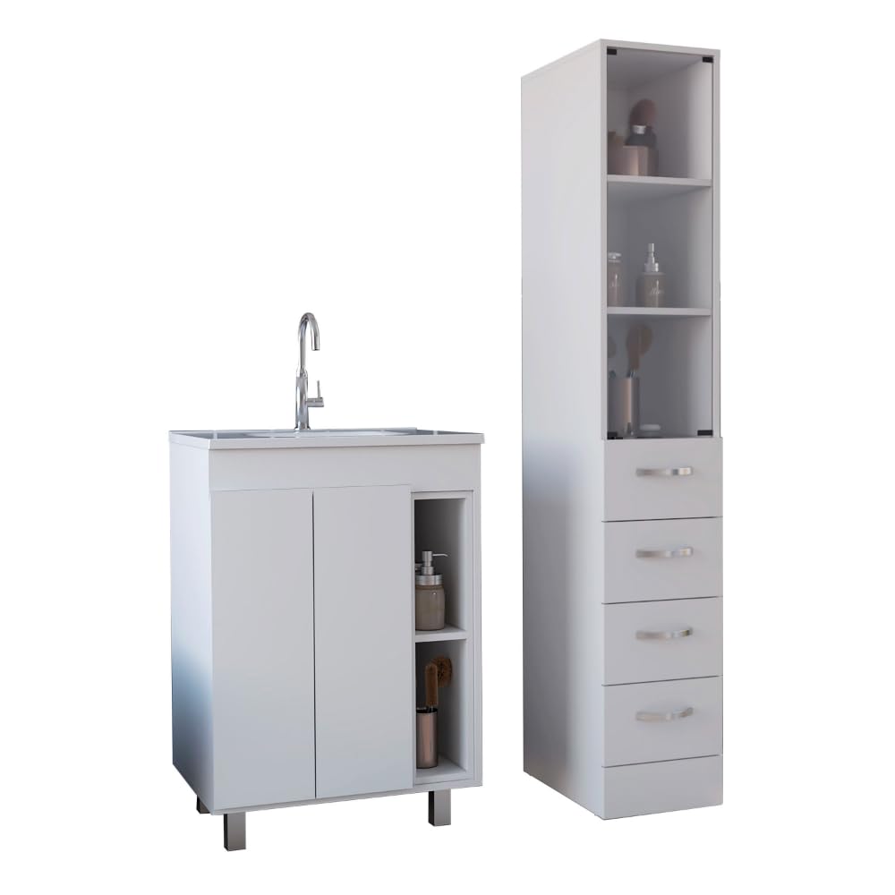 2 Piece Bathroom Set - Interlocking Vanity & Linen Cabinet, White, Ready-to-Assemble