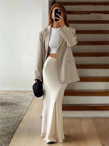 Satin Skirt Midi Skirts Women Fashion Elastic Waist Autumn Casual High Waist Satin Long Skirt Women's Chic Skirts4