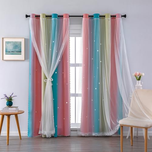 Image of XiDi Rainbow Blackout Curtains 96 Inches Long for Girls Bedroom 2 Panels Set, Kids Pink Curtains for Room Decor Unicorn Wall Decals Drapes for Little Girl Nursery Pink Blue Yellow 34 Inches Wide