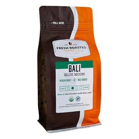 Fresh Roasted Coffee, Organic Bali Blue Moon, 12 oz, Medium Roast, Kosher, Ground Cover