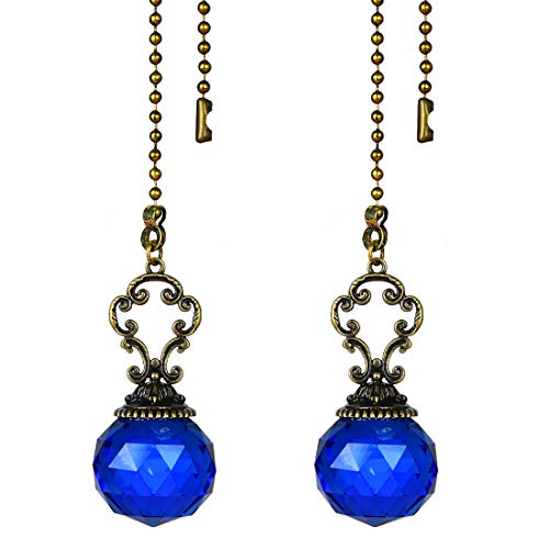 Image of Set of 2 Vintage-Style Blue Fan Pull Ceiling Fan Chain Pulls Crystal Prism Ball
