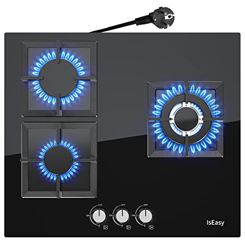 Gaskochfeld 3 Flammig, IsEasy 3 Zonen Glas Gaskochfeld, 3300W/2700W/1750W, 60cm, Erdgas(20mbr)/Propangas(30&50mbr), 3 Zonen Glas Gaskochfeld mit Stecker, Autark Einbau,Schwarz, 220-240V
