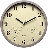 Ruhige analoge Außenuhr mit Thermometer und Hygrometer, wetterfestes Design für den Einsatz in Terrassen, Verandawänden und Gartenbereichen (Gelb)