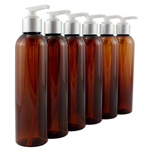 8oz Amber Brown Plastic Cosmo Style Bottles with White Lotion Pump Tops (6-pack); Bullet Style PET Bottles Great for Shampoo, Lotions, Creams, Liquid Soaps & More