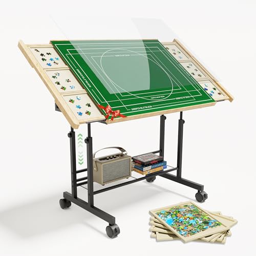 Image of CODACE Puzzle Table with Drawers - 1500 Pieces Jigsaw Puzzle Tables for Adults, Tilting Puzzles Board with Cover, Puzzles Table with Storage and Adjustable Height Legs，Present for Puzzles Enthusiast