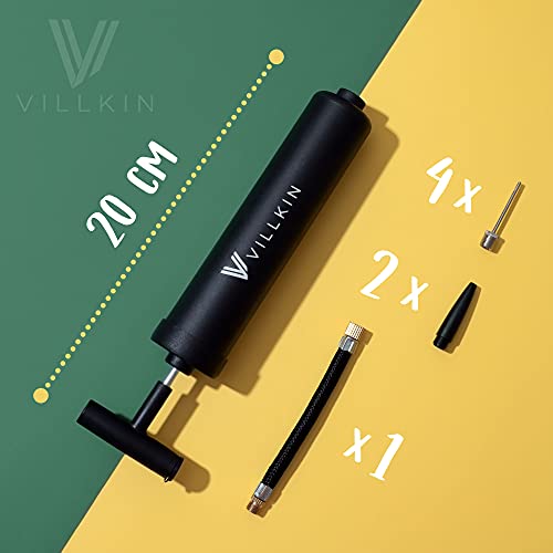 Villkin Ballpumpe mit Nadelfach im Griff - 4 Metallnadeln, 2 Kunststoffaufsätze, 1 Flexibler Schlauch - Luftpumpe für Fußball, Basketball, Volleyball, Handball - schwarz