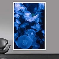 Framed Canvas Wall Art Jellyfish Bedroom Colorful Jellyfish Marine Life Multicolor Neon Photography Tropical - 16x24 inches