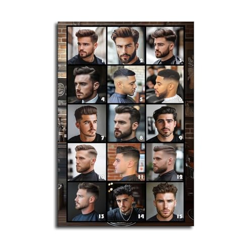 Modern Barbershop Aesthetic Canvas Poster Mens Fade and Design Chart Wall Art for Salon Interior Decor Shop Renovation(Framed,12