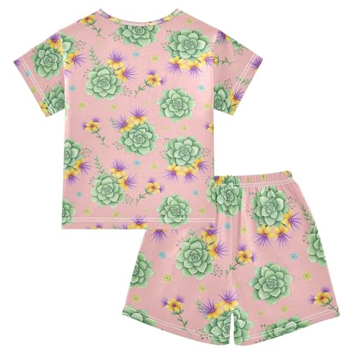 Pajama Short Sets Succulent Floral Pattern Print Soft Cotton Summer Sleepwear 2 Piece PJS Size 5-14T2
