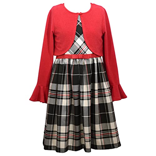 Bonnie Jean Holiday Plaid Dress with Red Sweater Cardigan for Infant, Toddler, Little and Big Girls