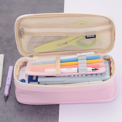 Image of Large Capacity Big Special Cute Aesthetic Preppy Canvas Pencil Case Organizer Holder Pouch Bag with Zipper Compartments, Pen Cases for Women Girls School Adults (Beige /pink)