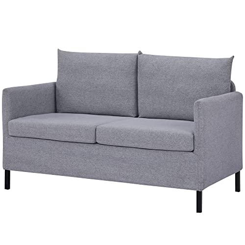 HOMCOM Sofá de 2 Plazas Tapizado en Lino Sintético Sillón Biplaza de Salón con Cojines Acolchados Desenfundables Reposabrazos y Patas de Acero 130x67x76,5 cm Gris